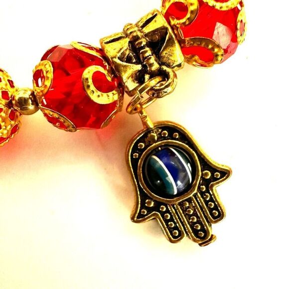 Red Crystal and gold tone beaded hamsa charm bracelet - Picture 5 of 6